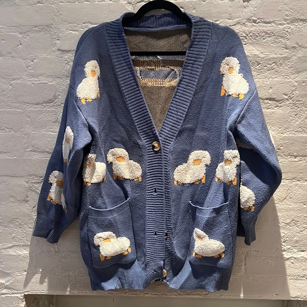 Lamb woven cardigan blue white sheep sz L